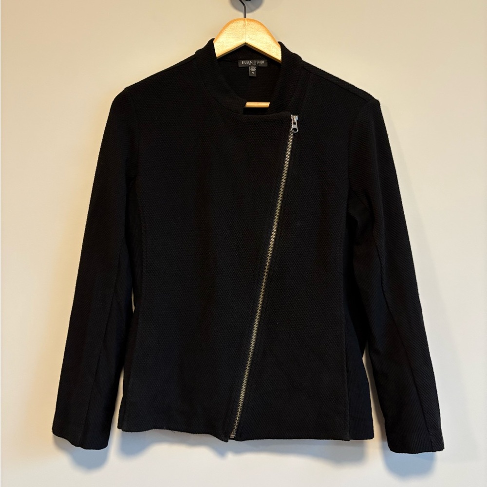 Eileen Fisher Textured Black Moto Jacket | Size Large Petite - Picture 2 of 9